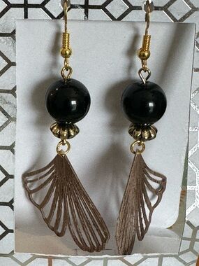 Gold-Tone Black Bead Earrings with Brown Wing Charms